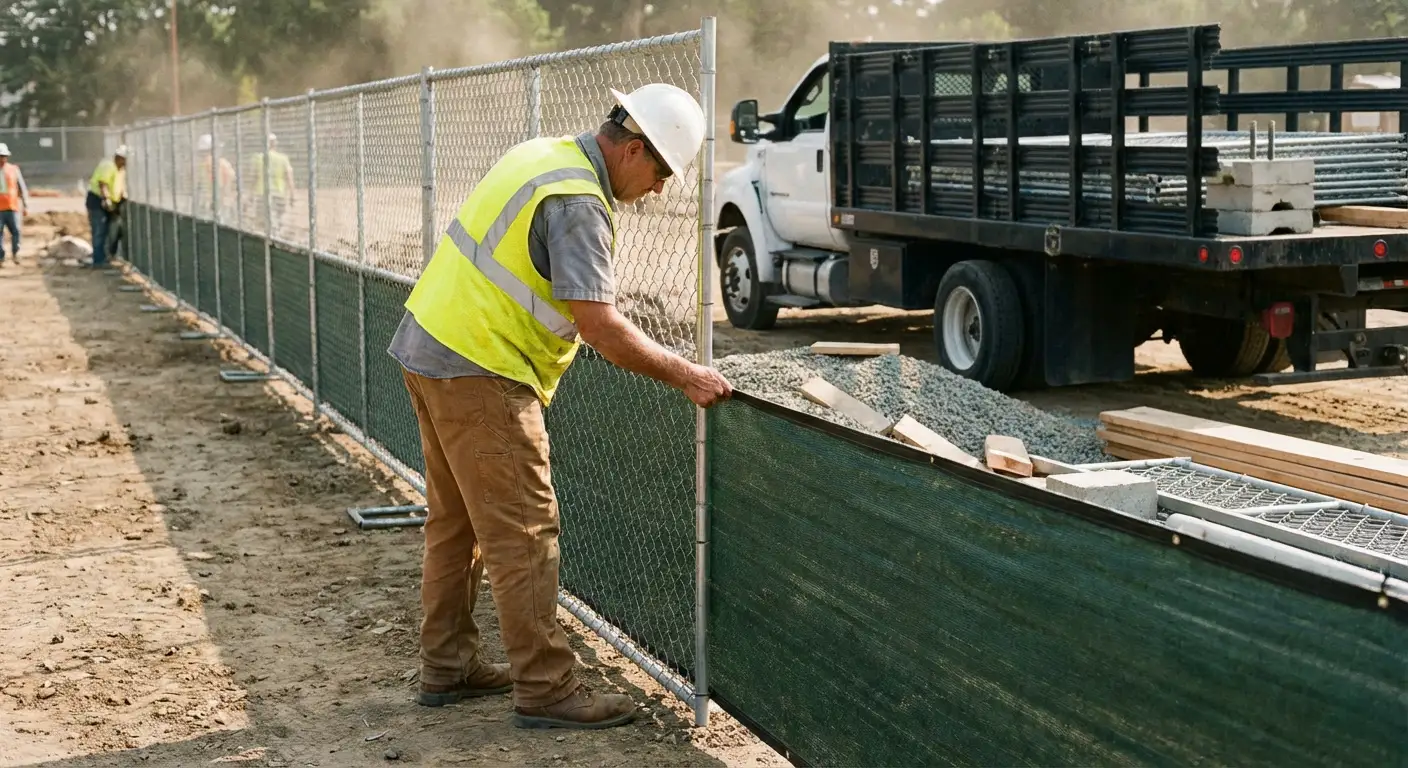 Privacy windscreen installation on construction fence in Levittown, NY