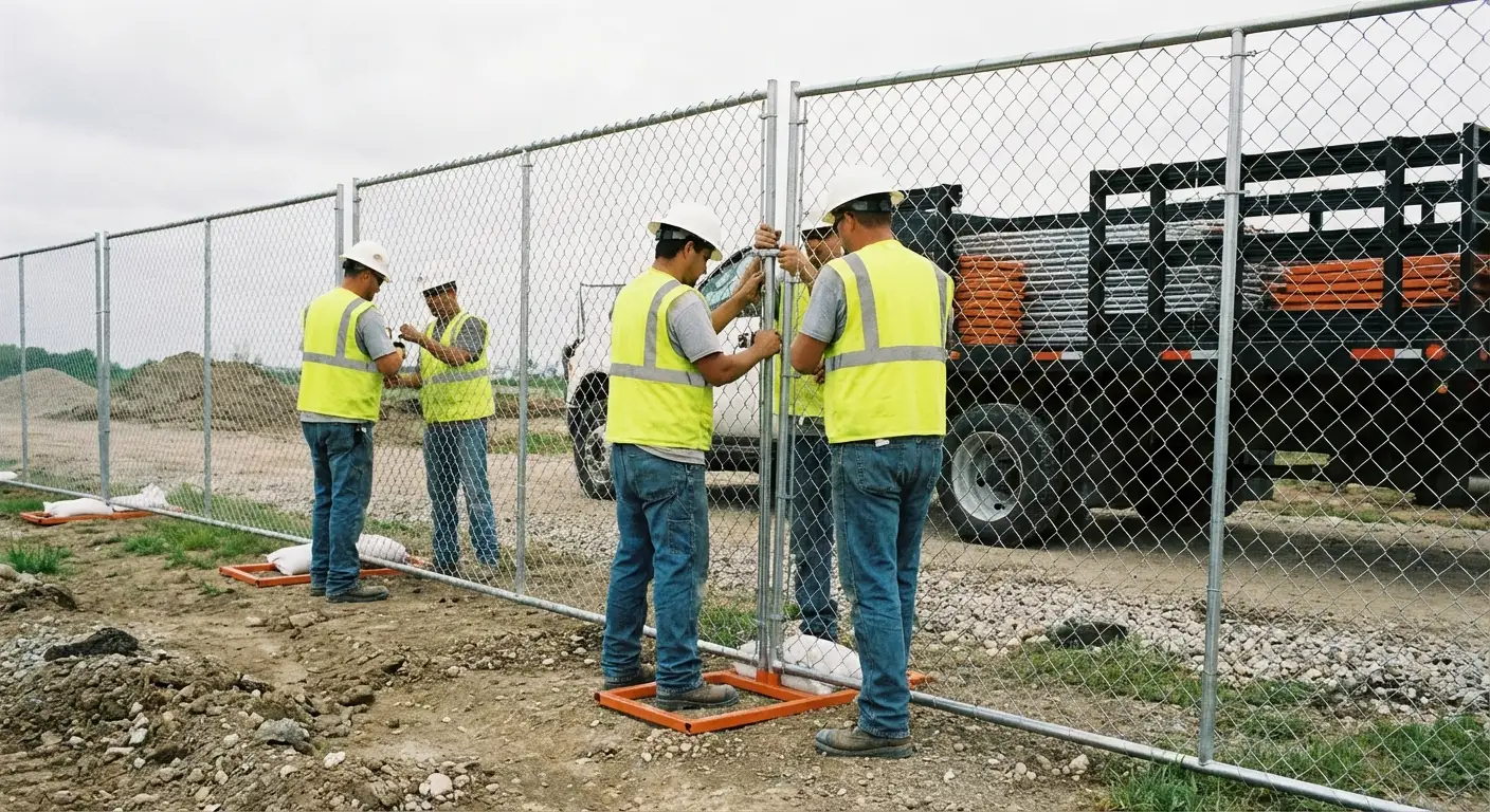 Mid-Island Fence Rentals team installing temporary fencing in Levittown, NY