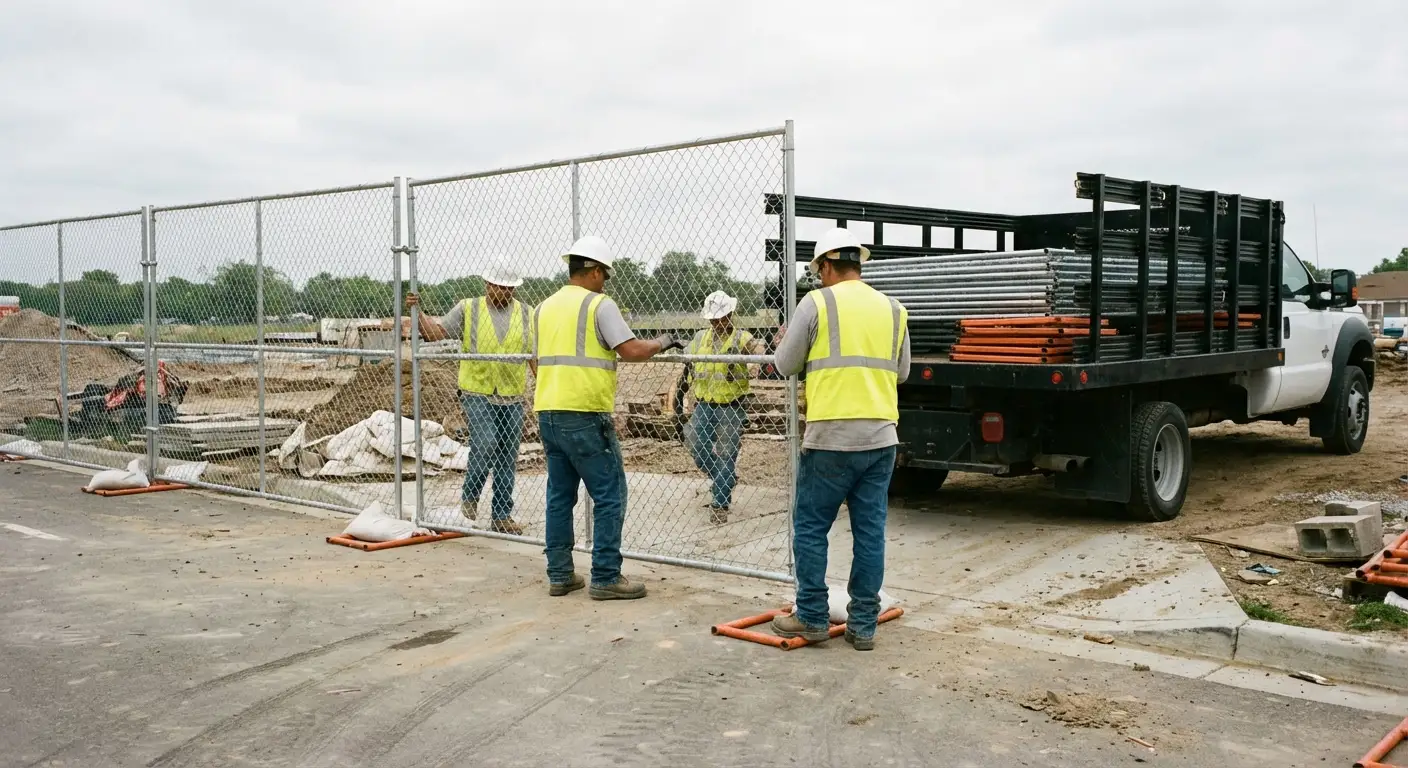 Mid-Island Fence Rentals team securing a construction site perimeter in Levittown, NY